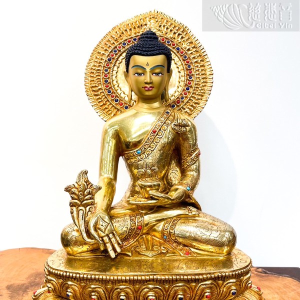 Gilt-Bronze Medicine Buddha statue with Inlaid Jewels  (30cm)